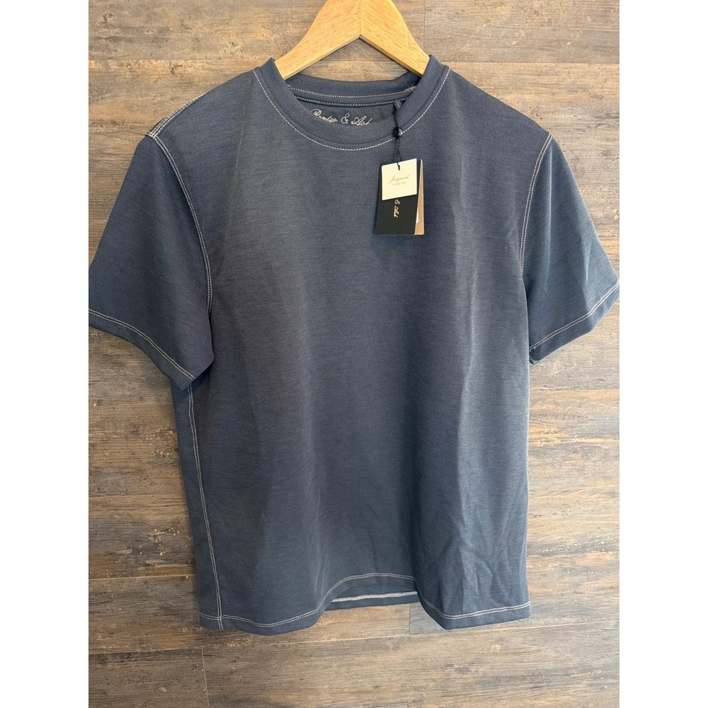 Porter & Ash Mens Sand Washed Jacquard T-Shirt Navy Blue Contrast Stitch Size M